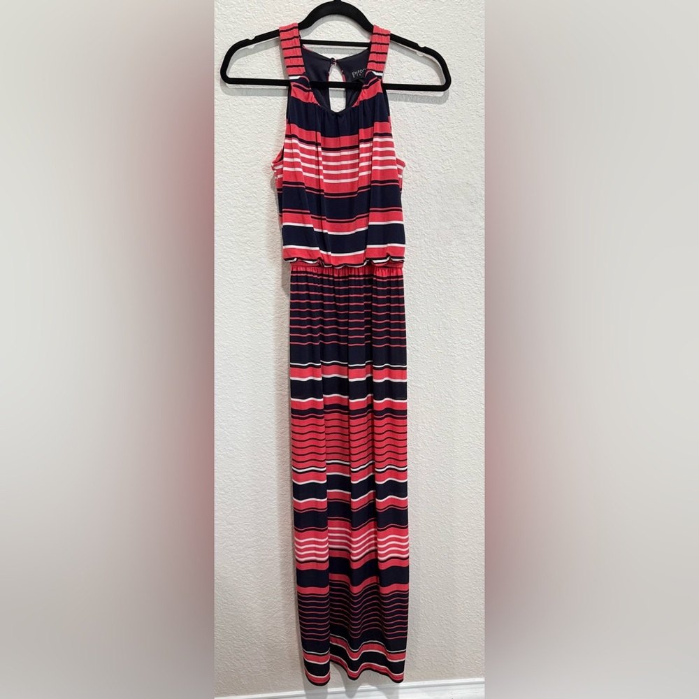 Enfocus Studio Halter Neckline Striped Maxi Dress- Navy, Coral, White- Size 6
